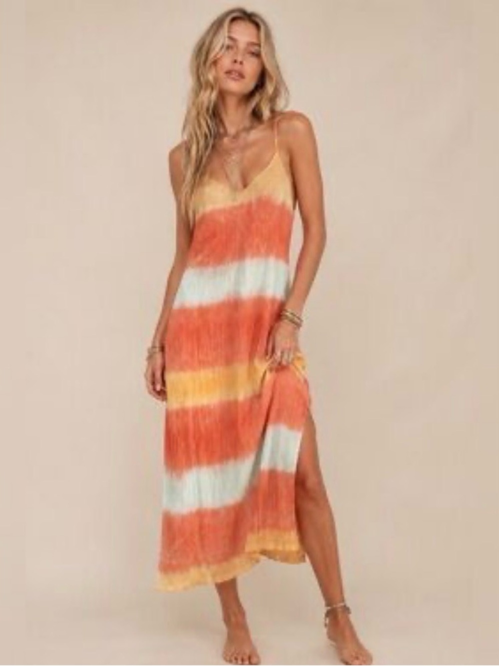 aerie Striped Slip Midi Dress in Orange, White, and Yellow